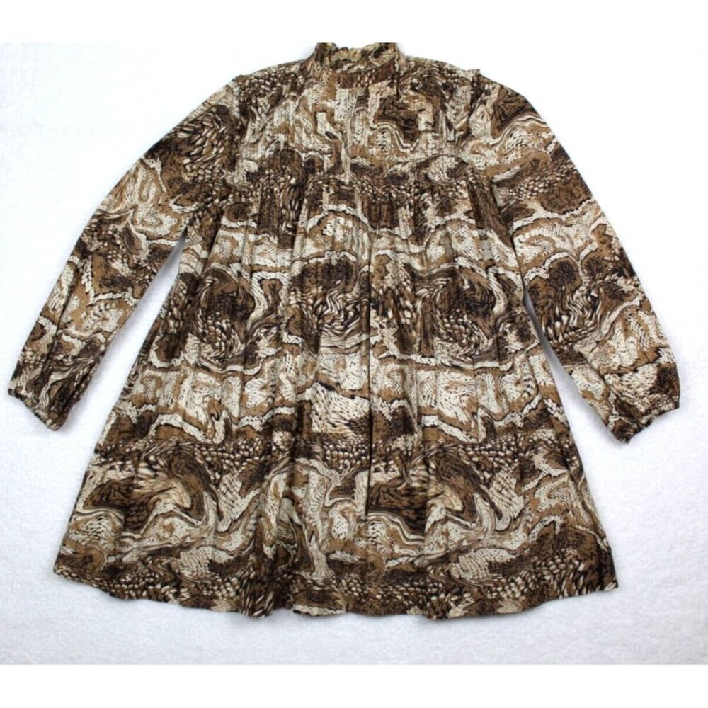 Ganni Mini Dress Womens 36 Size Small Brown Long Sleeve Ruffle Cotton Poplin